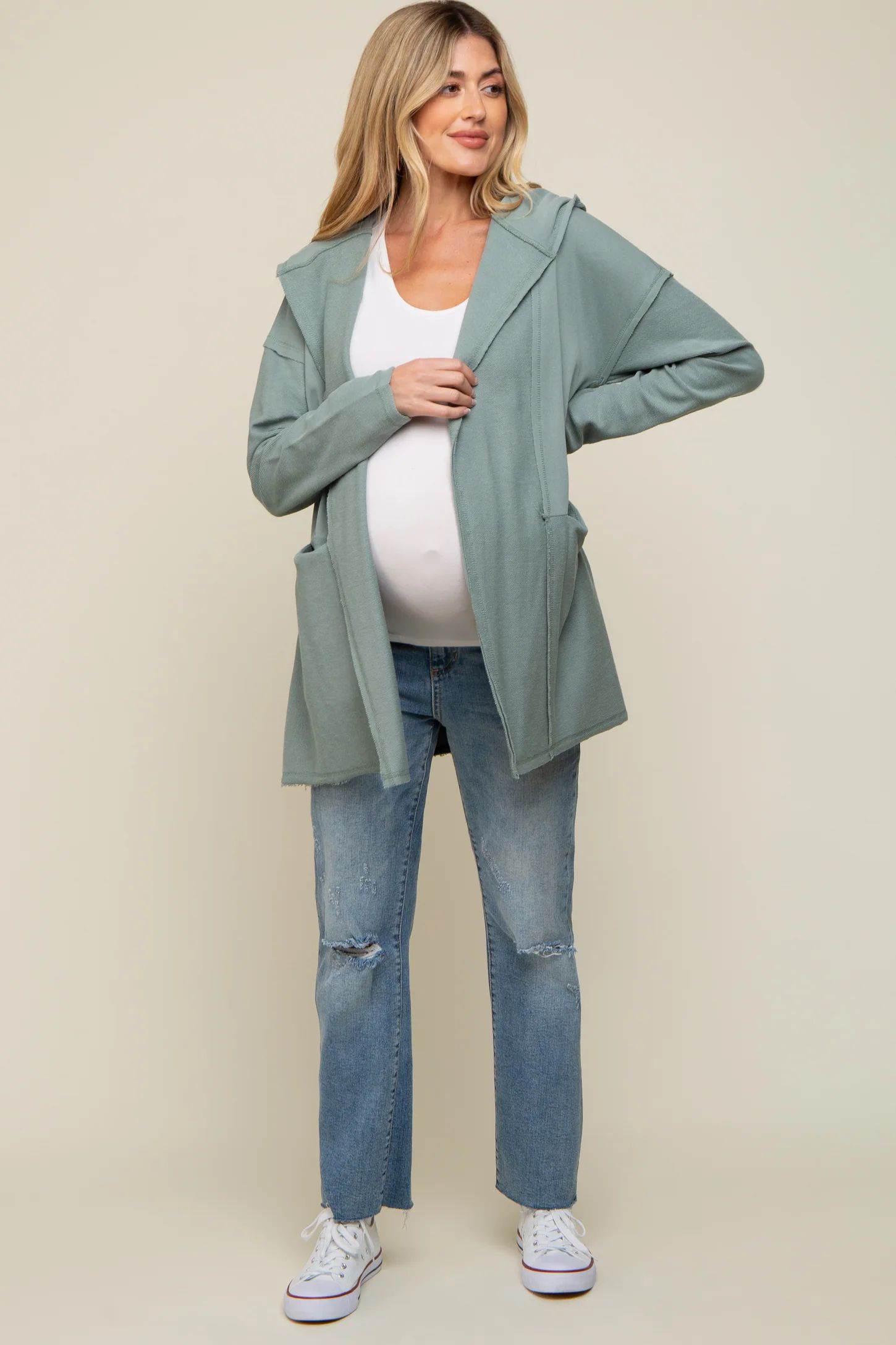 Sage Raw Hem Hooded Maternity Cardigan | PinkBlush Maternity