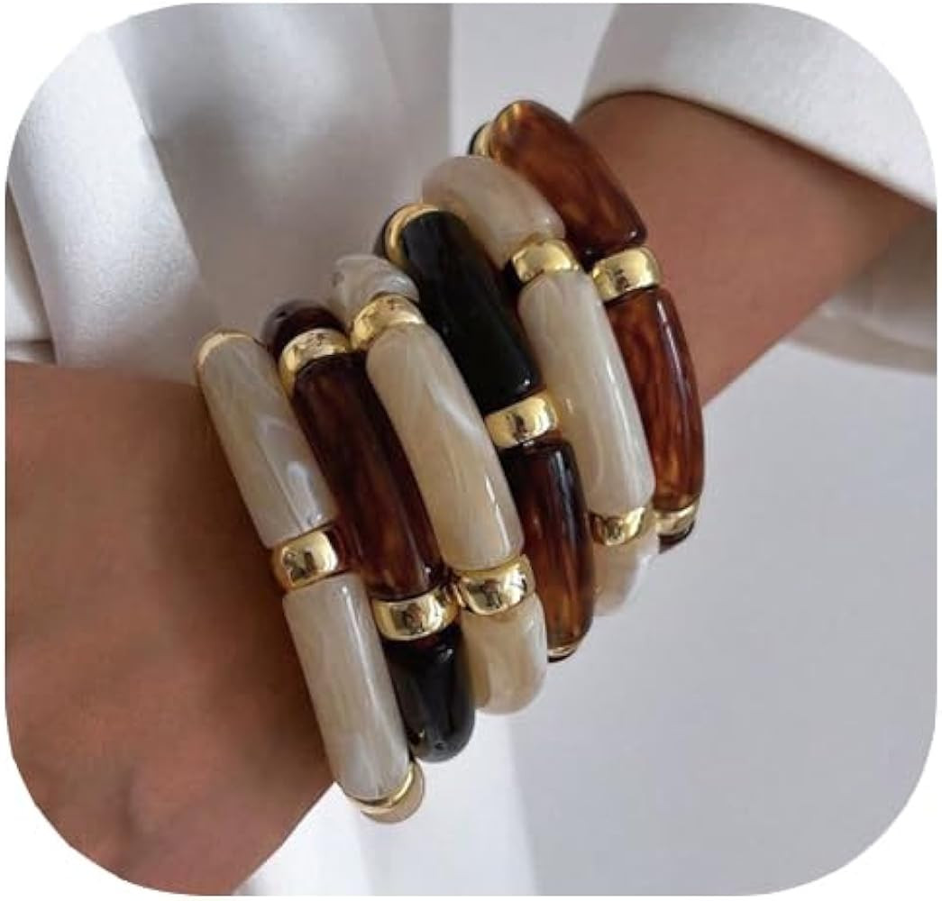 iF YOU 6pcs Chunky Acrylic Bangle Bracelets for Women, Resin Bamboo Brown Stretchy Bracelet Stack... | Amazon (US)