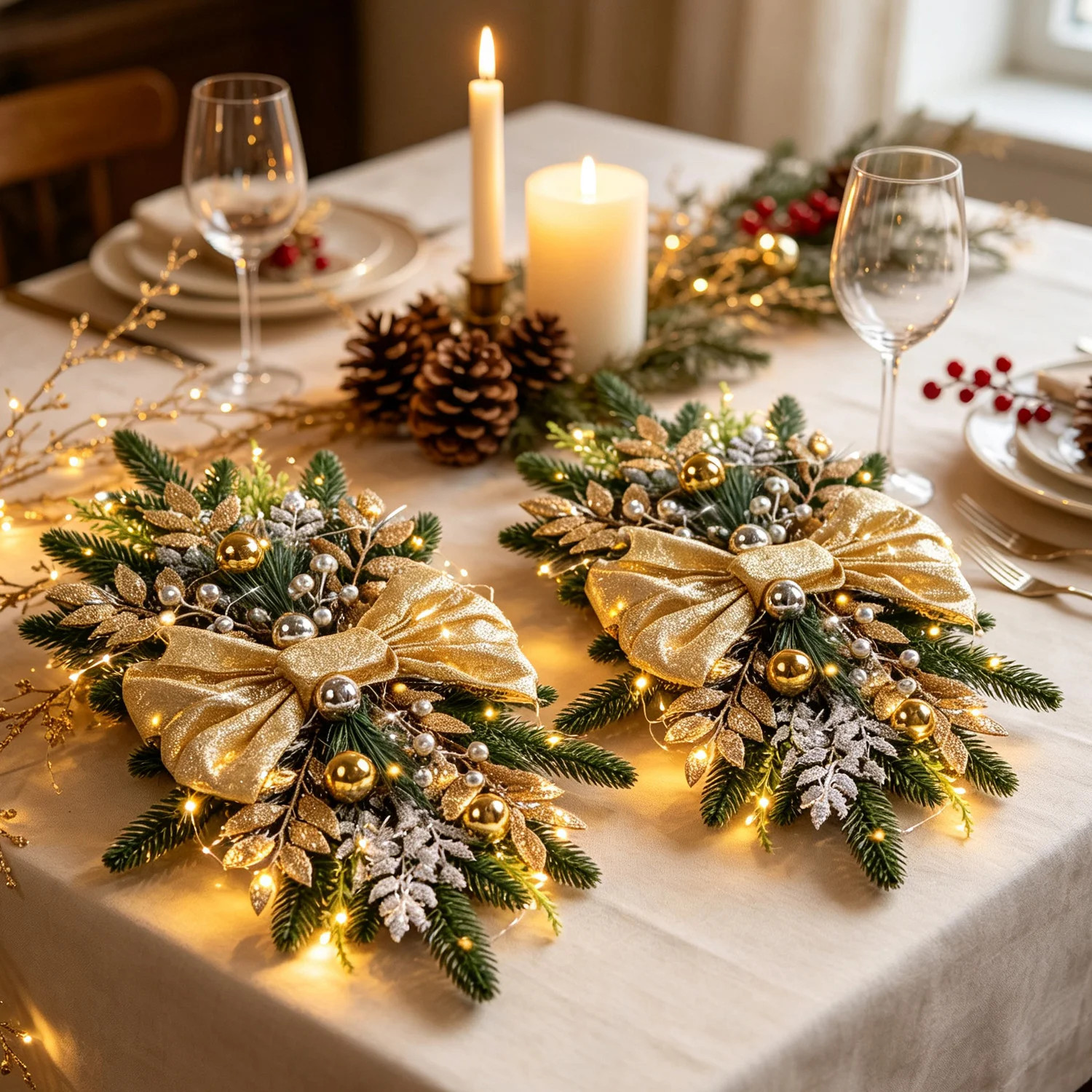 set of 2 Pre‑Lit Christmas Teardrop Swag Door Hanger, 23.6"x11.8" Artificial Holiday Swag with Velvet Bow,  Baubles & Pinecones, Battery Operated for | Wayfair North America