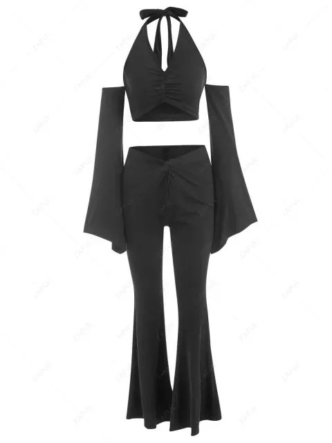 Halter Ribbed Crop Top and Twist Flare Pants Set | ZAFUL (Global)