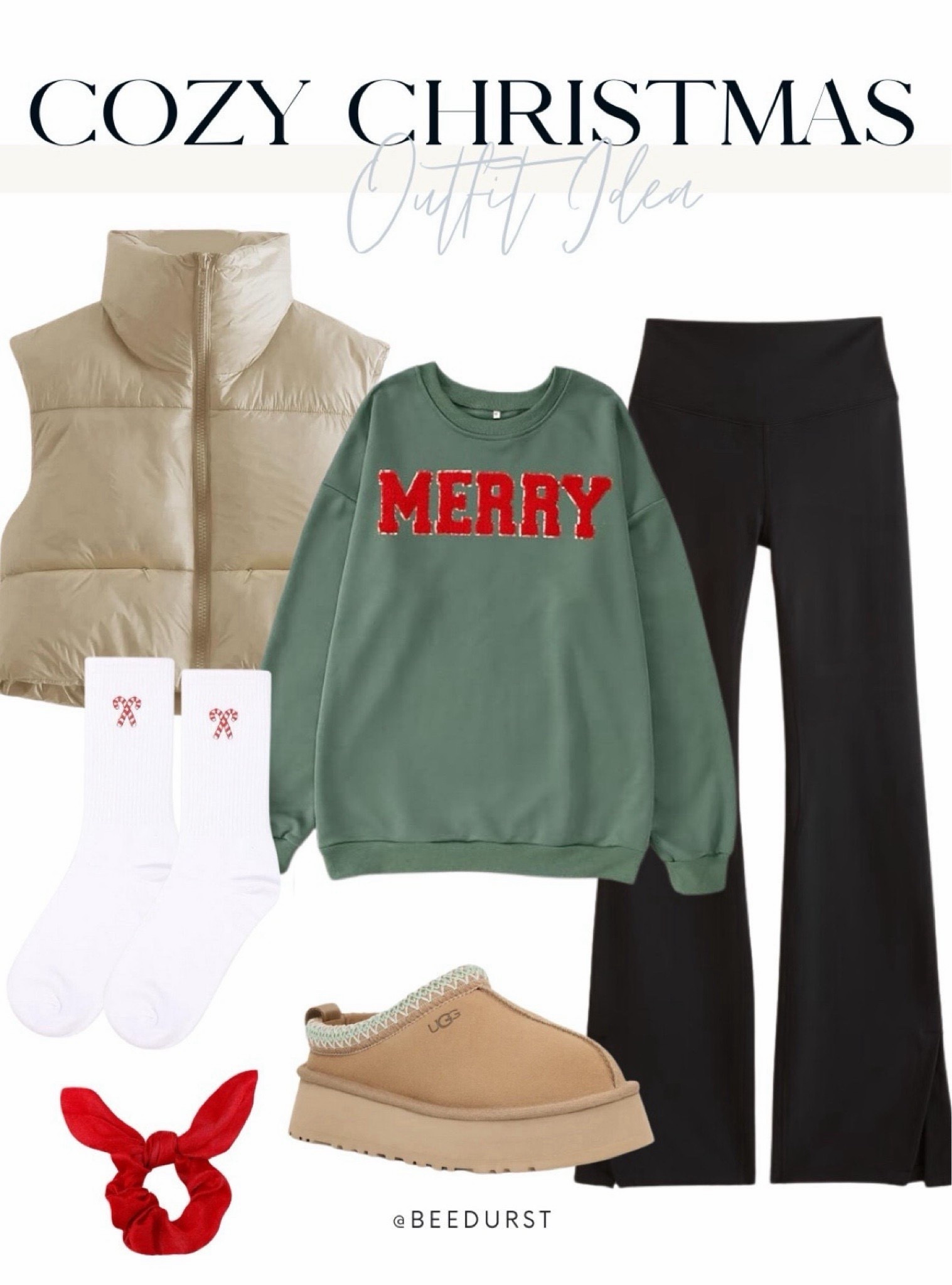 loving this merry patch sweatshirt with yoga pants or flare leggings and a puffer vest for a casual christmas look. i'm all about holiday outfits that are cute and comfy and this is the perfect casual holiday look. 

 #LTKHoliday #LTKFindsUnder50