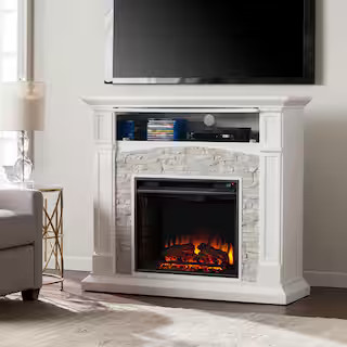 Conway 45.75 in. Electric Fireplace TV Stand in White with White Faux Stoneby Southern Enterprise... | The Home Depot