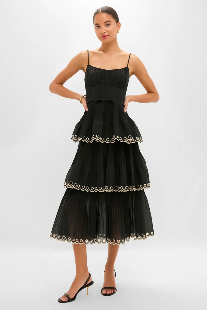 Black Embroidered Tiered Midi Dress | Tuckernuck (US)