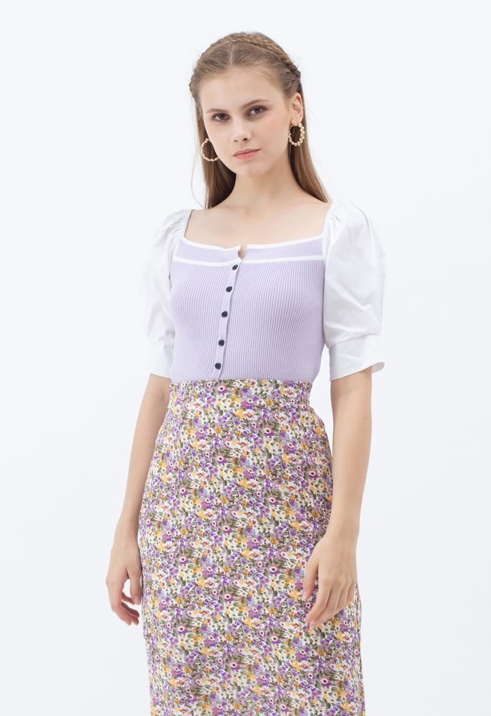 Puff Short Sleeves Buttoned Crop Knit Top in Lilac | Chicwish