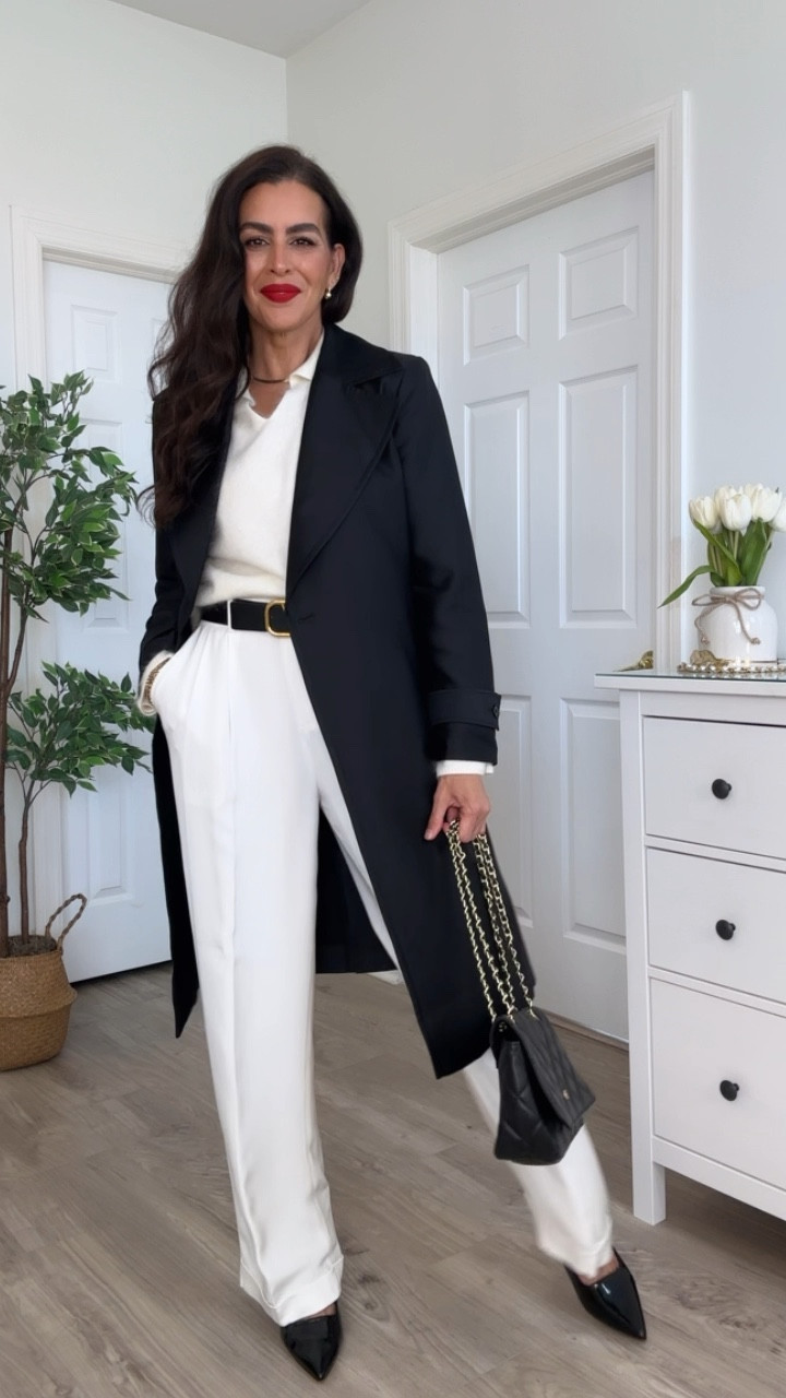 ‼️All sizing and details ⬇️
I make the bow with a scarf ring. Adding exact one, comes in a set of 3. 
Size 4 in pants. Size M in sweater.Valentino belt is 1.7” wide. 
Lipstick is feels so grand.
Size sin trench coat.
Shoes are tts. Wearing 9.5. Very affordable.
Adding more affordable options in the similar section🤗

#LTKWatchNow #LTKSeasonal #LTKOver40