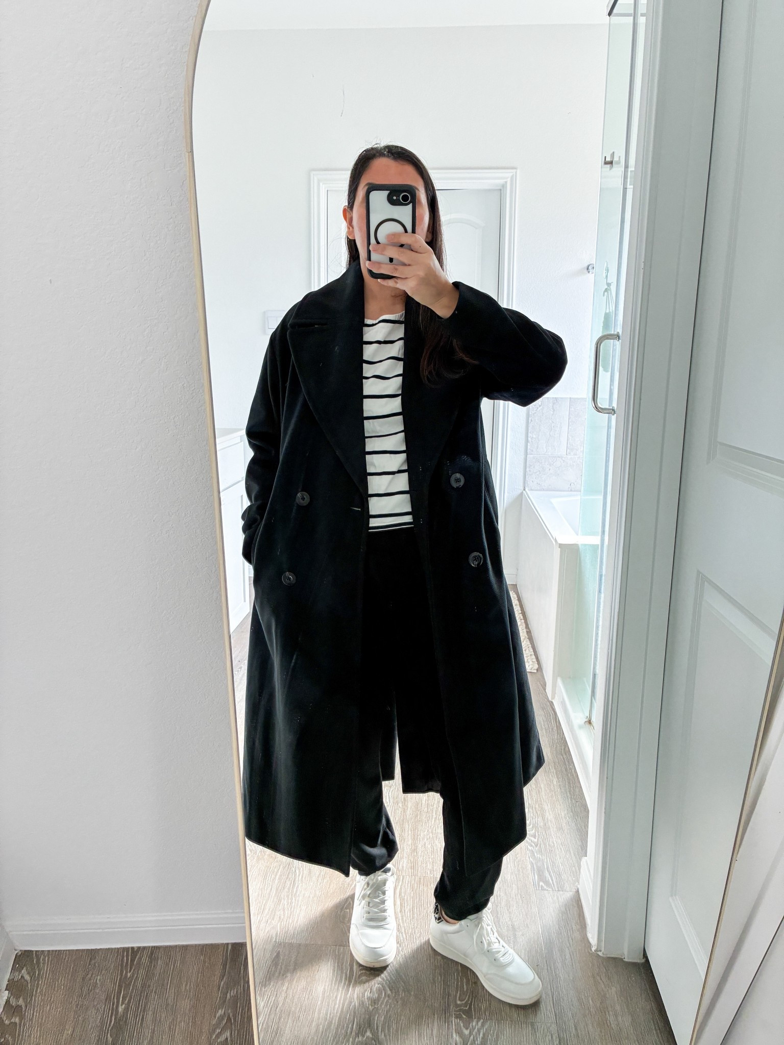 This outfit is so comfortable. I love keeping it simple and this outfit sure is. Black coat, striped shirt, black joggers and white sneakers.

#LTKPetite #LTKootd