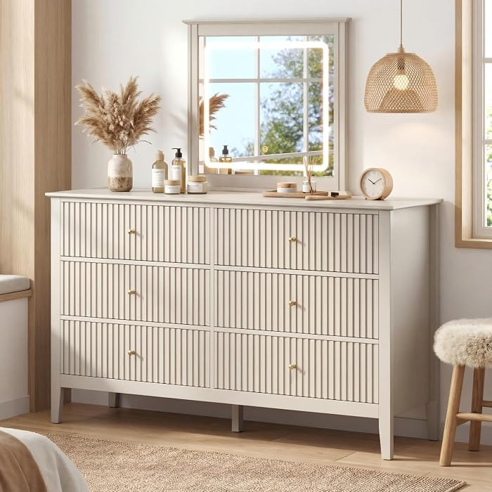 RoyalCraft 6 Drawer Dresser with Lighted Mirror, Beige Fluted Modern Wood Chest of Drawers, Long ... | Amazon (US)