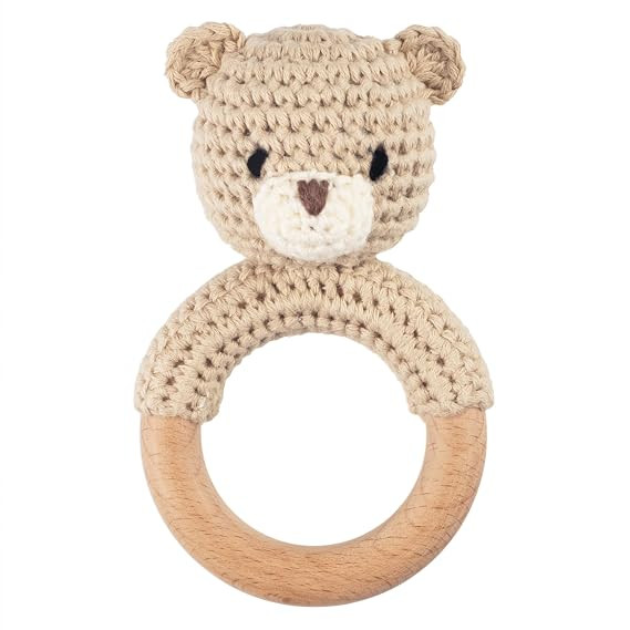 Joliecraft Safari Animals Wooden Baby Rattle Toys Stuffed Crochet Rattle with Teether Ring for Ne... | Amazon (US)