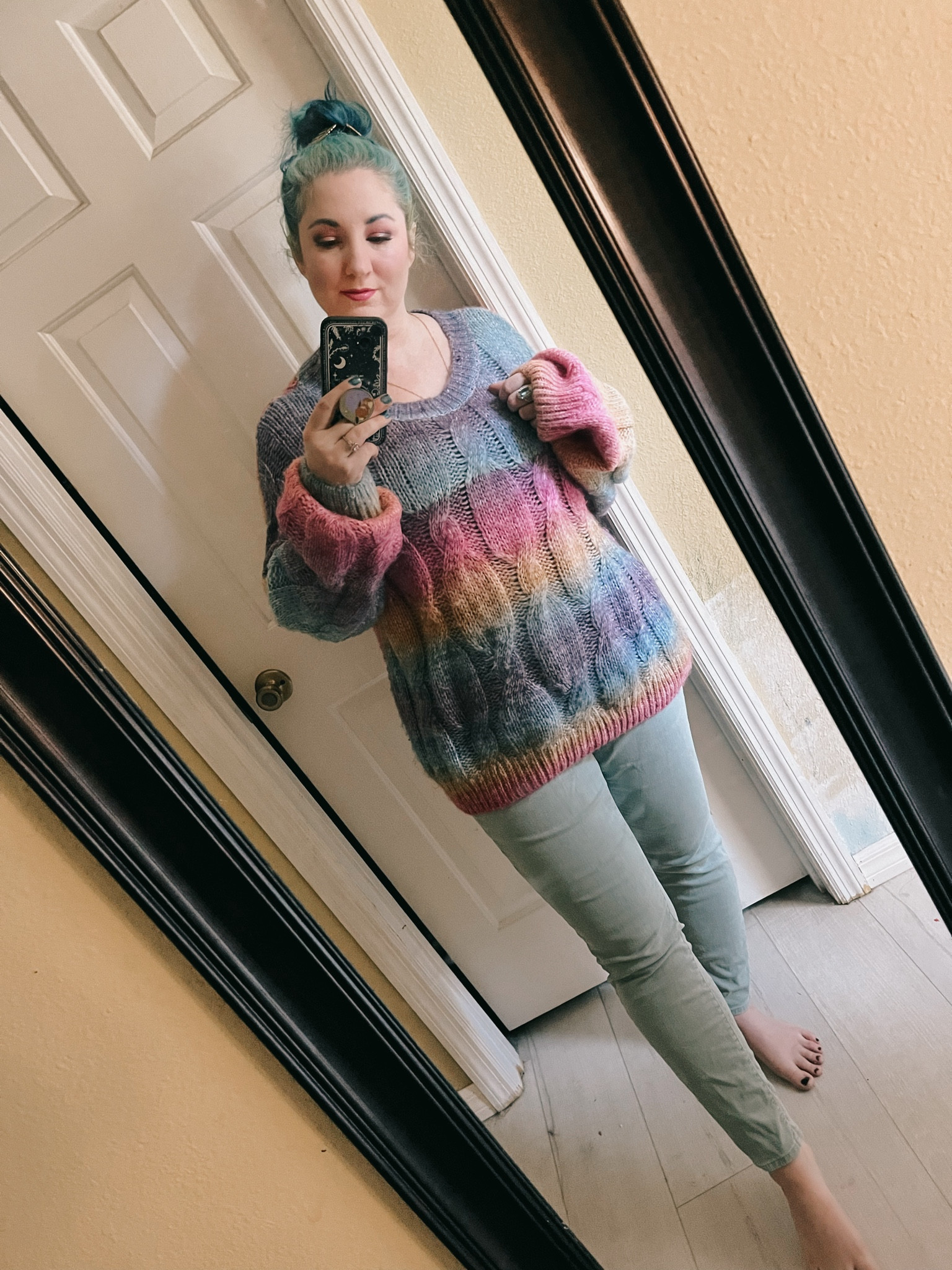 I’m not the biggest wearer of jeans anymore. I really can’t stand them. Ever since my 2nd kid I can’t stand jeans. 👖 And yet here I am wearing them. Or trying to wear them that is. 🙂‍↕️ how long before I am in sweat pants? Lmao. 🤣 
Yeah as usual no shoes on because I am at home not going anywhere. 
#mirrorpic 
#dopaminedressing
#sweaterweather
#affordablestyle
#targetstyle 
#outfitinspo

#LTKSeasonal #LTKMidsize #LTKOver40