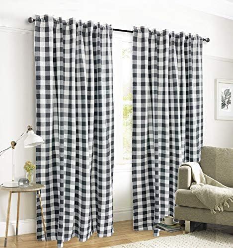 Gingham Check Window Curtain Panel, 100% Cotton, Charcoal/White, Cotton Curtains, 2 Panels Curtain,  | Amazon (US)