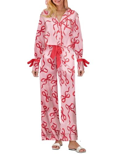 Faretumiya Cute Christmas Pajamas Women Bow Tie Long Sleeve Shirt Pants Pj Set Xmas Graphic Print 2 Piece Satin Sleepwear(Bow Tie Pink,Small) | Amazon (US)