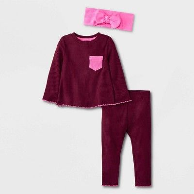 Baby Girls' 3pc Ribbed Top & Bottom Set with Headband - Cat & Jack™ Red | Target