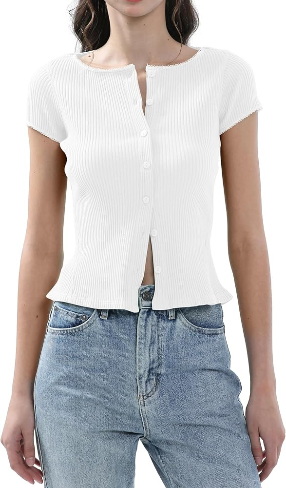 Ribbed Button Down T Shirts for Women Short Sleeve Going Out Tops Cropped Fitted Knit Blouses | Amazon (US)