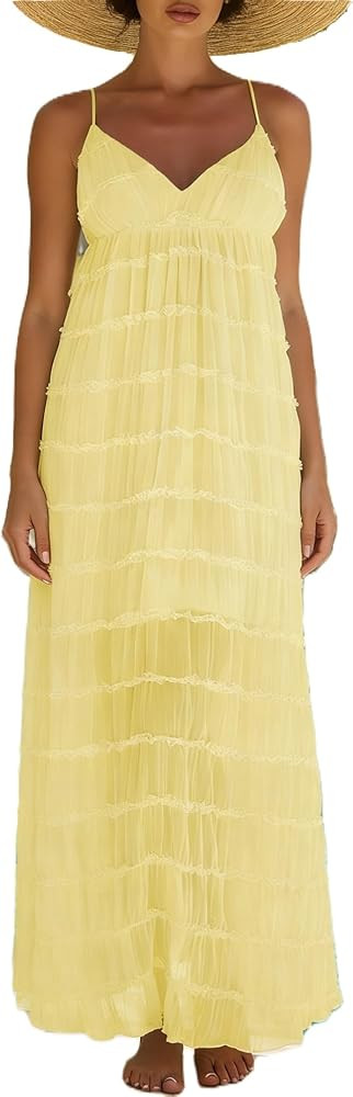 Women's Backless Smocked Maxi Dress Sexy Spaghetti Strap Cut Out Flowy Beach Long Dress Vacation ... | Amazon (US)