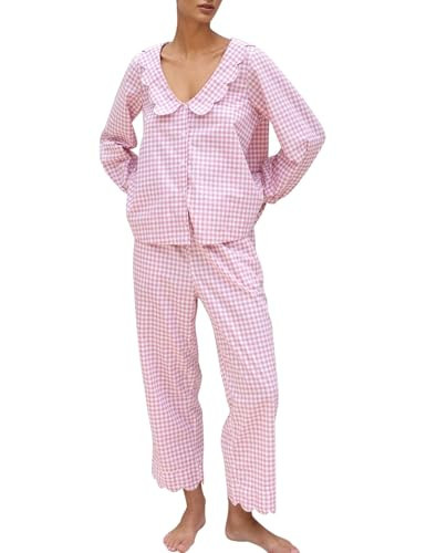 Kissonic Womens Gingham Pajama Set 2 Piece Scalloped Edge Plaid Babydoll Pjs Long Sleeve Cotton Sleepwear Lounge Set(Pink-M) | Amazon (US)