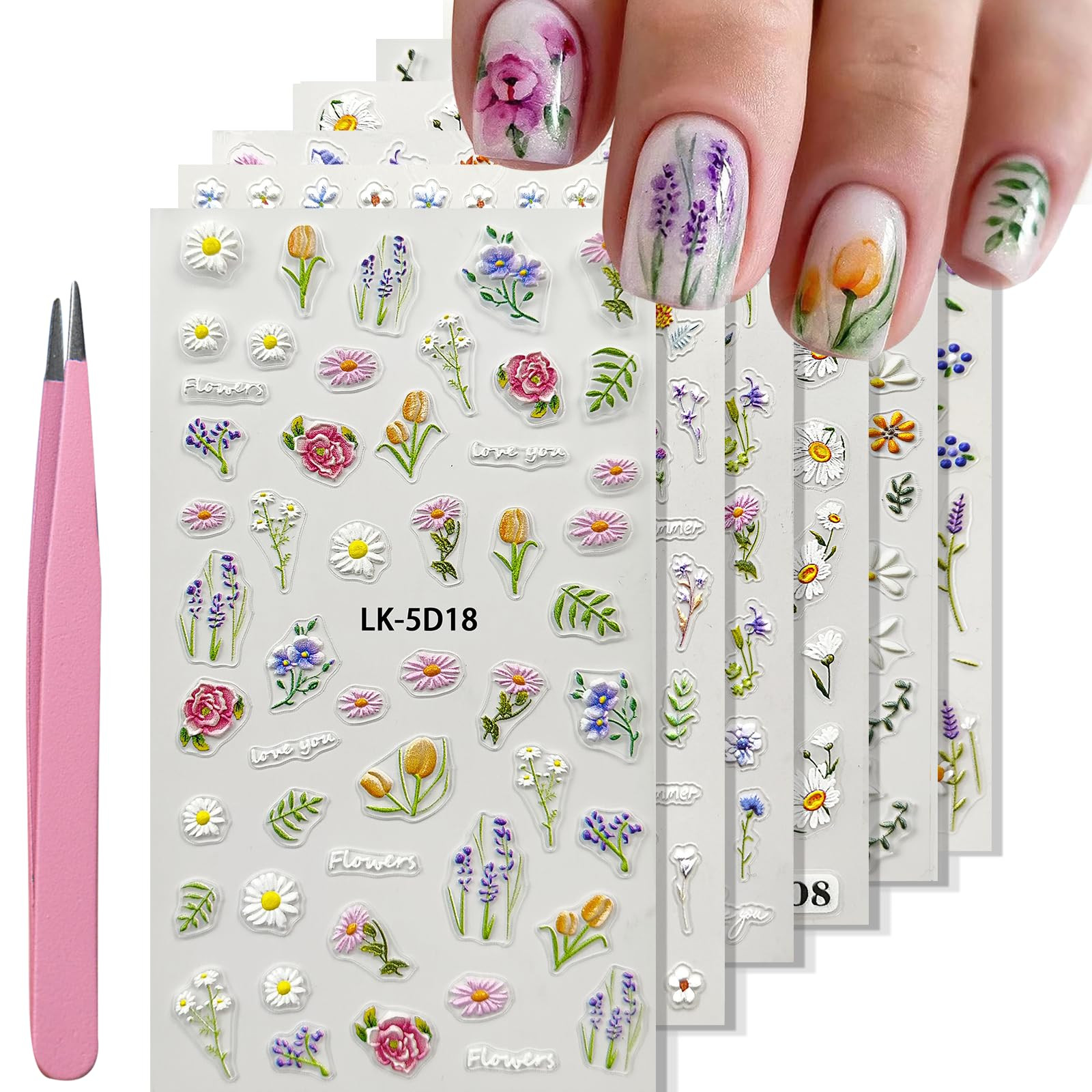 Flower Nail Stickers for Nail Art 5D Embossed Nail Decals Self Adhesive Spring Summer Floral Nail... | Amazon (US)