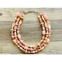 Sunset Peach Beach 3 Strand Ooak Statement Necklace, Coral Peach Beaded Summer Party Silver Jewelry | Etsy (US)