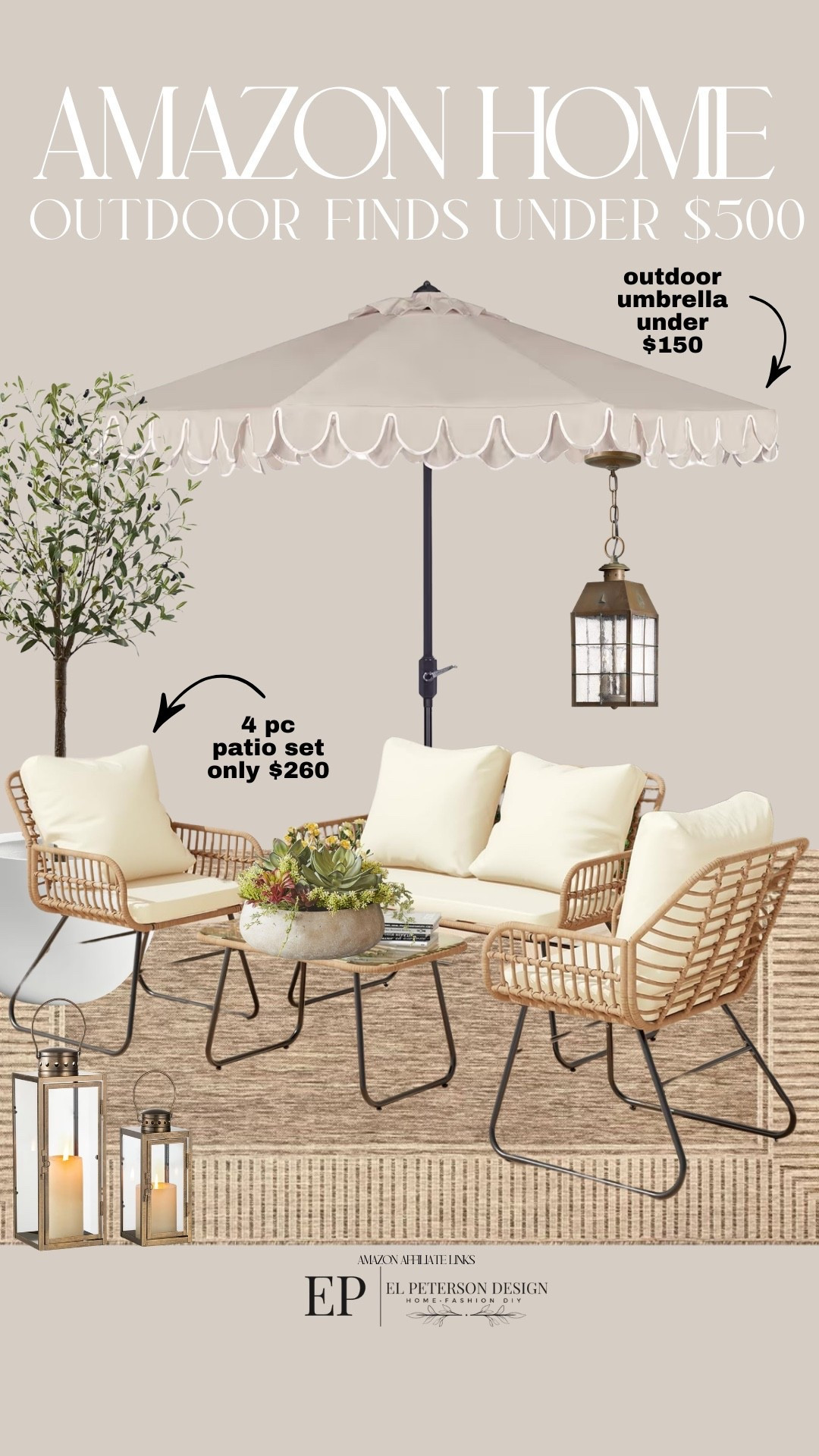 Amazon Outdoors 
Umbrella 
Lighting 
Patio set
Outdoor rug
Floor lantern
Faux tree
Planter
Potted plant 

#LTKHome