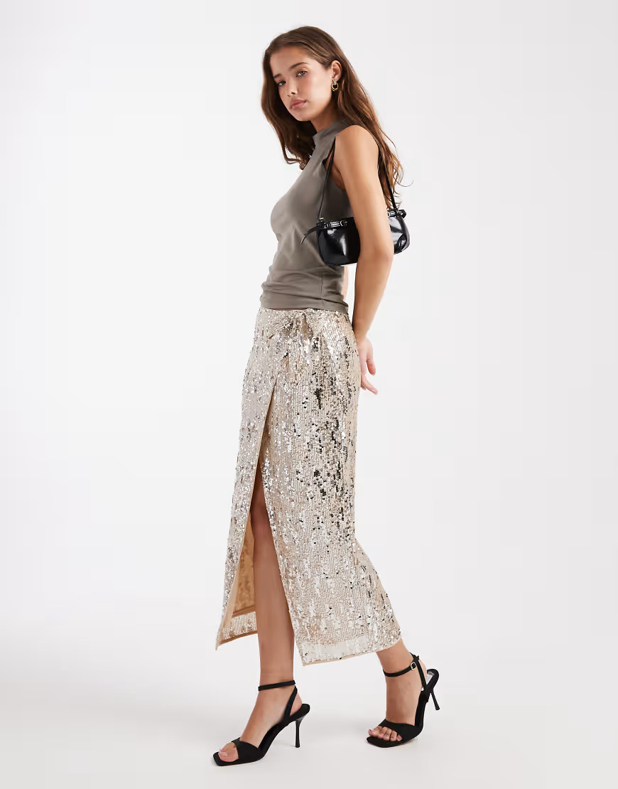 ASOS DESIGN mixed sequin wrap midi skirt in champagne-Gold | ASOS (Global)