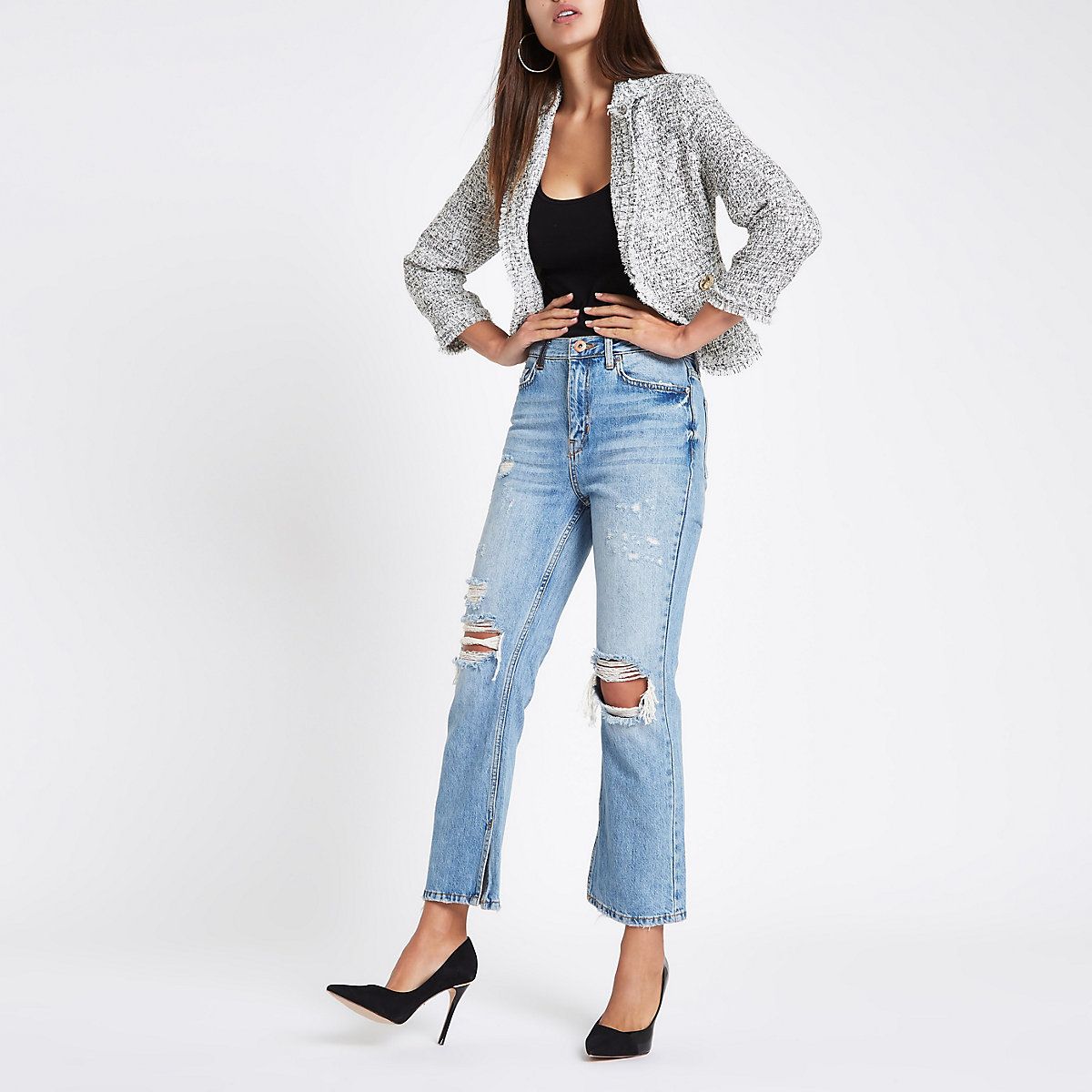 Blue premium crop kickflare ripped jeans | River Island (UK & IE)