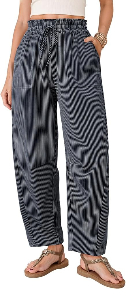 Dokotoo Women's Striped Barrel Casual Pants High Waisted 2026 Elastic Drawstring Trousers | Amazon (US)