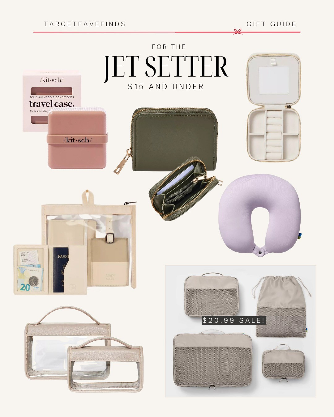 Gift ideas for her, for the jet setter, travel, $15 and under, affordable, budget-friendly, kitsch soap, lilac neck pillow, jewelry organizer, clear organizer, luggage cubes, travel set with passport cover, luggage tag, mini zip wallet, targetfavefinds 

#LTKGiftGuide #LTKSeasonal #LTKTravel