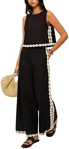 Tanming Two Piece Sets For Women Summer Beach Boho Sleeveless Tank Crop Top Wide Leg Pants Vacati... | Amazon (US)