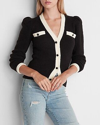 Cozy Contrast Trim Embellished Button Up Cardigan | Express