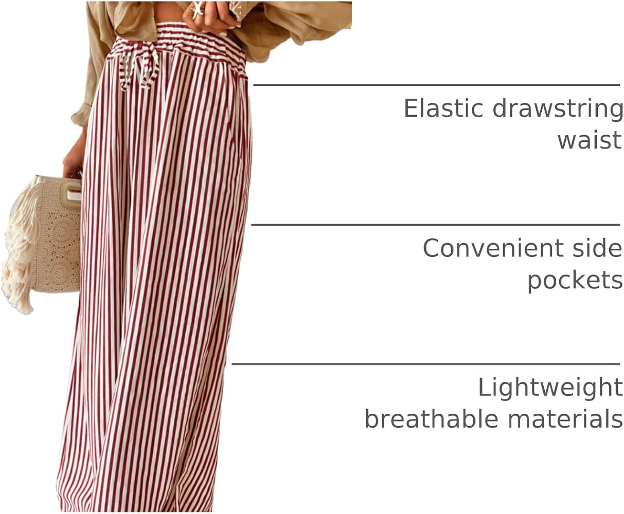 Acelitt Women Casual Drawstring Elastic Waist Striped Wide Leg Pants with Pockets, S-XXL | Amazon (US)