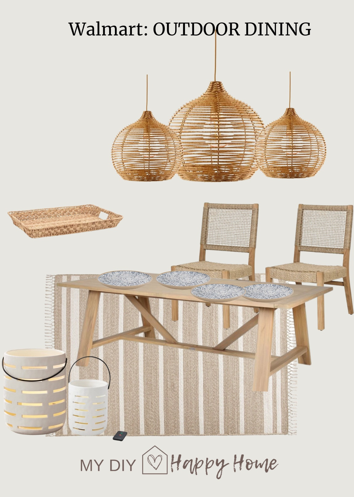 Outdoor dining space.

•Outdoor table
•outdoor chairs 
•outdoor rug
•battery & remote lanterns, 2 sizes
•outdoor woven tray
•melamine plates 
•outdoor pendant lights, battery & remote, 2 sizes 


Walmart, outdoor, outdoor dining, better homes & gardens, BHG, Walmart finds 

#LTKFind #LTKSeasonal #LTKhome