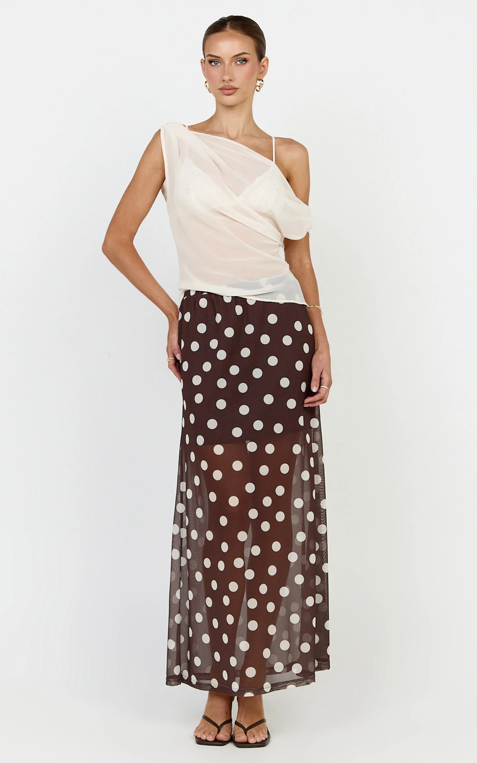 Ella Maxi Skirt - Sheer Layered Skirt in Chocolate Polkadot | Showpo USA | Showpo (US, UK & Europe)