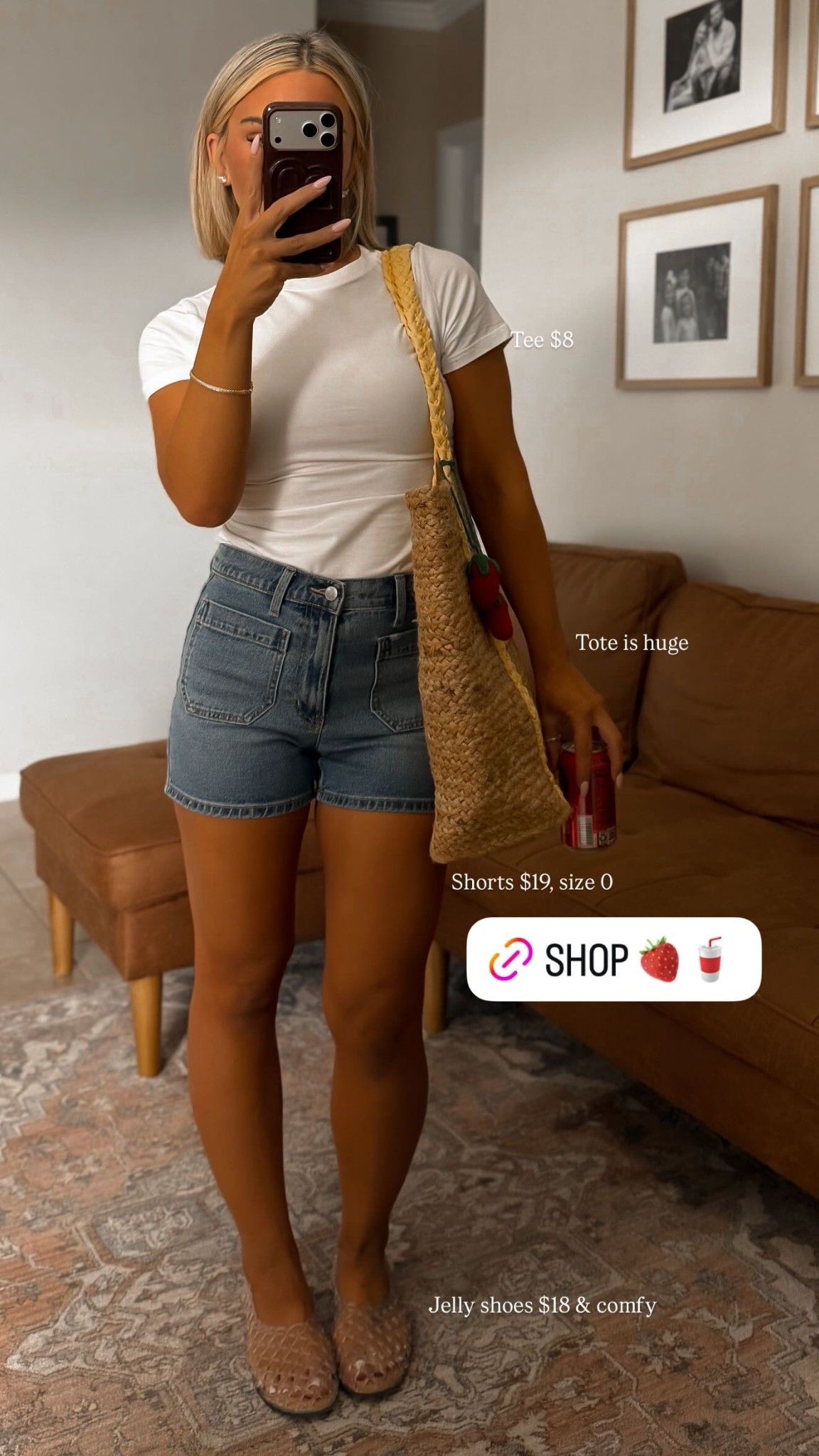 Tee $8 Shorts $19, size 0 Jelly shoes $18 & comfy  Tote is huge