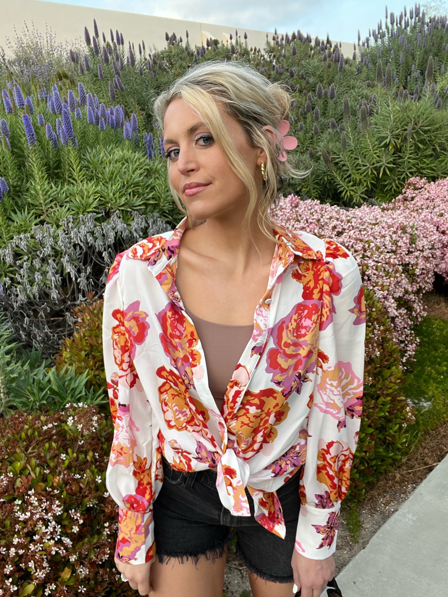 Women’s Tops Button Down Shirts, Floral, Balloon sleeves, Print Long Sleeve Blouses

Flower Claw Clip

Black denim Shorts

Gold Hoop earrings

Gold Jewelry

Nude tank Basic Solid Cami Spaghetti Double Layer Crop Tank Top

Oversized Cat Eye Sunglasses


#LTKSeasonal #LTKstyletip #LTKsalealert