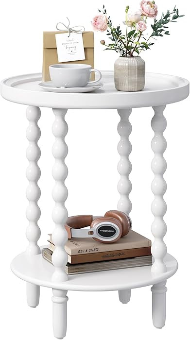 Round Side Table with Storage Shelf, 2 Tier Accent End Table with Spindle Legs, Modern Nightstand... | Amazon (US)