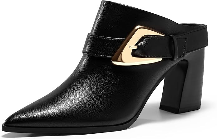 Coutgo Womens Mules Boots Chunky Stacked Heel Pointed Toe Booties Slip On Dress Boot Shoes with B... | Amazon (US)