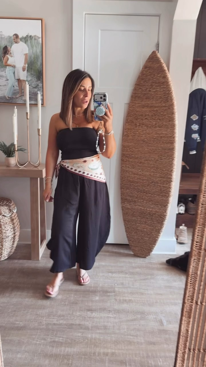 I love this look for a night out. It looks like I’m wearing a jumpsuit, and it’s so comfortable. The scarf adds a gorgeous bit of detail that makes the look more dressy, and it’s such an easy way to update an outfit. This is a 10/10 for a date night, or even a family date night. 
Black jumpsuit with scarf, faux jumpsuit outfit inspo

#LTKMidsize #LTKSaleAlert #LTKSeasonal