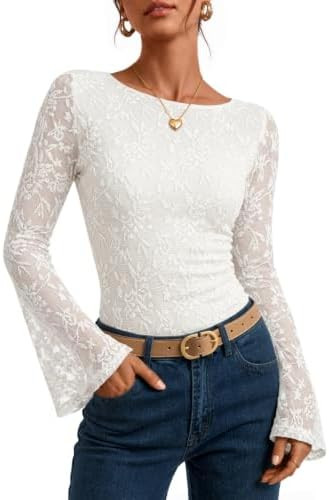 ZESICA Women's Lace Floral Bell Long Sleeve Business Casual Tops | Boat Neck Tight Basic Tee Shir... | Amazon (US)