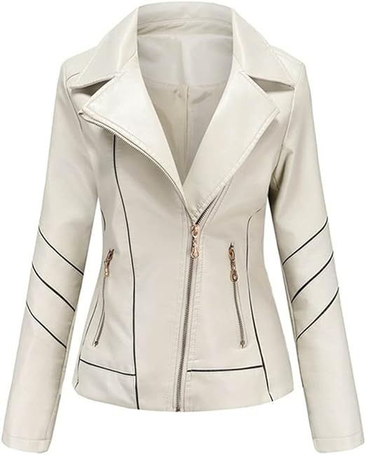 Faux Leather Jacket Women's Slim Leather Collar Zipper Stitching Color Jacket | Amazon (US)