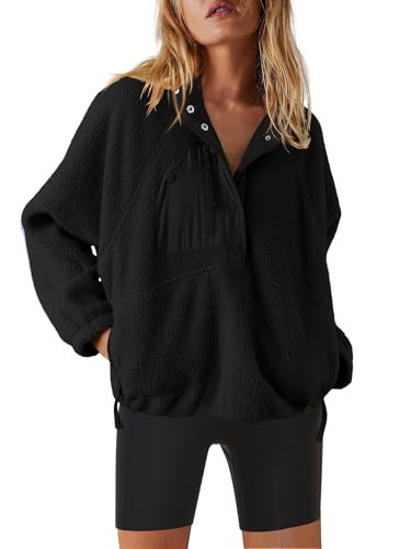 Nirovien Womens Fuzzy Fleece Jacket Quarter Button Down Sherpa Pullover Warm Outwear with Pockets(Black,XL) | Amazon (US)