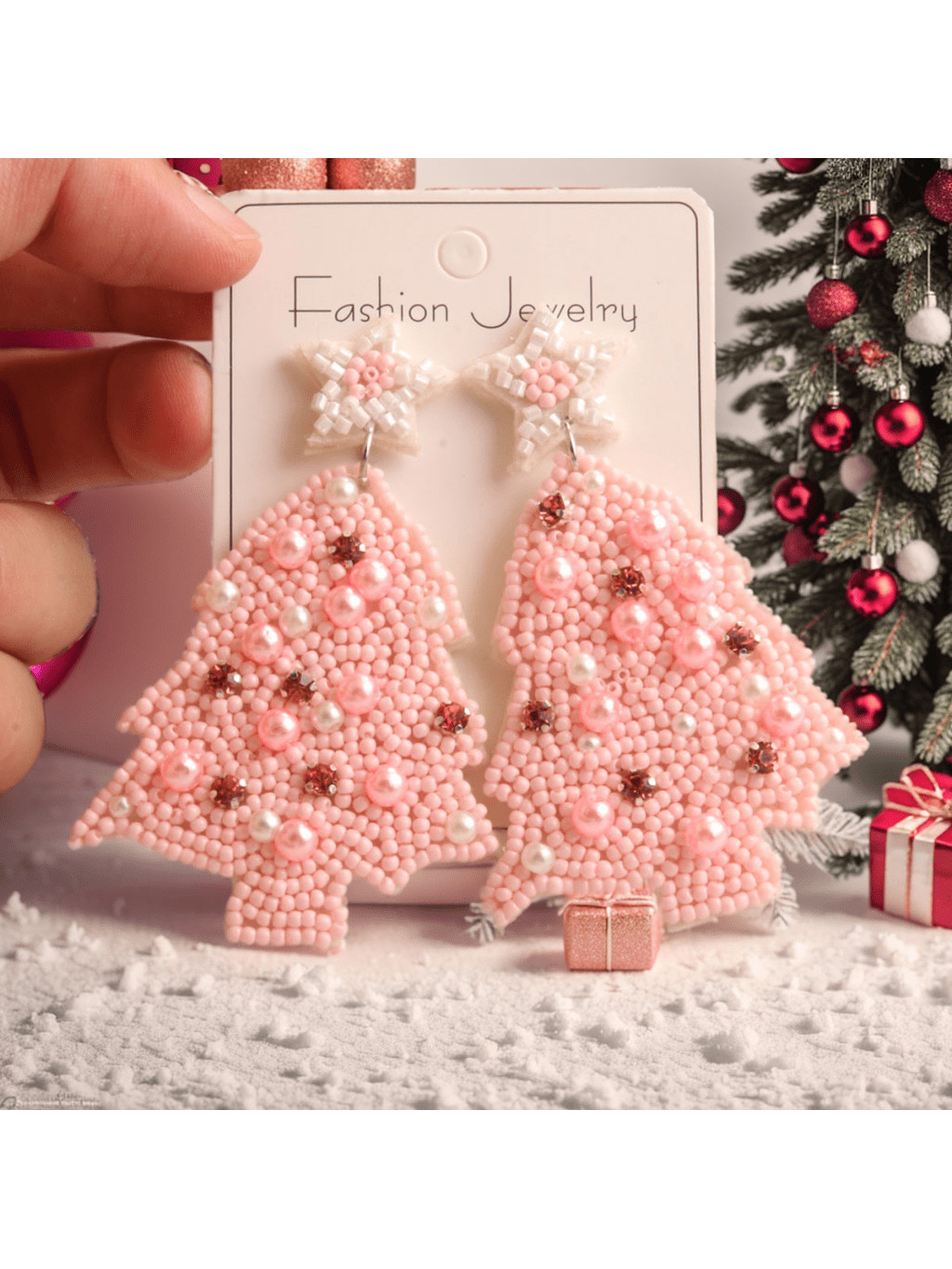 1pair Pink Christmas Tree & Faux Pearl Pendant Earrings | SHEIN