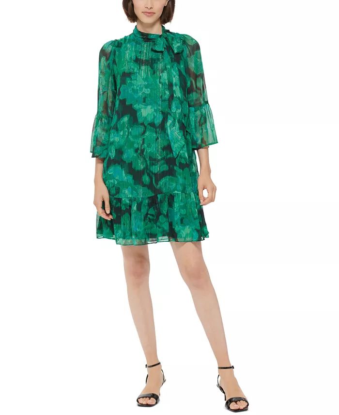 Calvin Klein Tie-Neck 3/4-Sleeve Ruffled Dress & Reviews - Dresses - Women - Macy's | Macys (US)