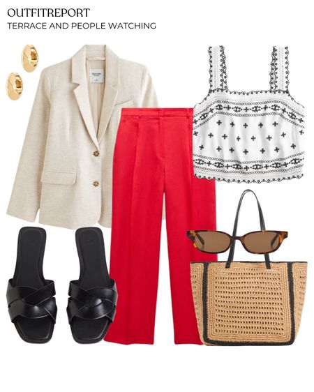 Red trousers sandals white top beige blazer and straw handbag 

#LTKshoes #LTKstyletip #LTKbag