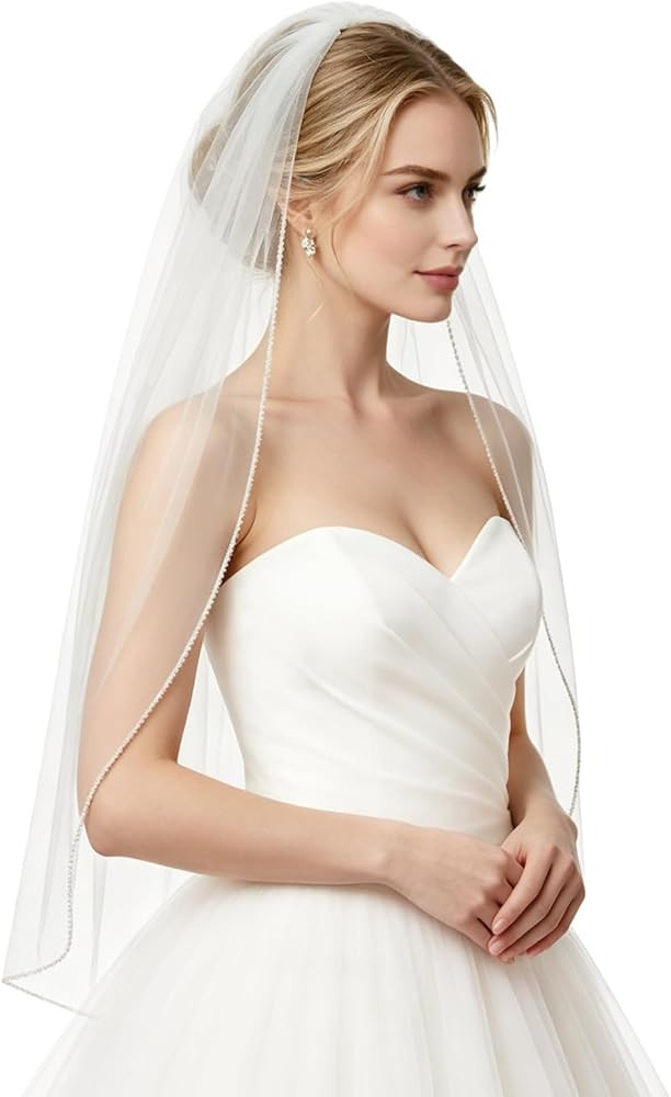 1 Tier Wedding Veil with Comb Pearls Beaded Edge Fingertip Length | Amazon (US)