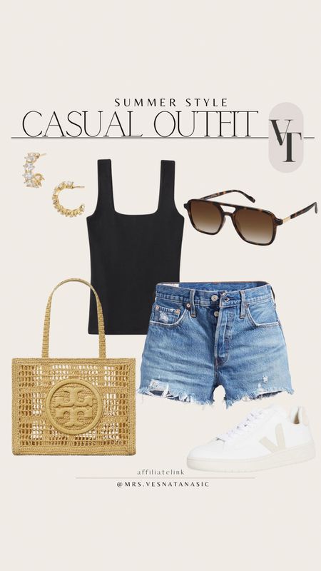 Summer casual outfit I am loving! These Levi’s denim shorts are perfect to pair with any top and wear daily!  

Summer outfit, summer outfits, shorts, denim shorts, bag, straw bag, summer bag, veja sneakers, sunglasses, earrings, #sandals #bag #denimshorts #tanktop #earrings #sunglasses #summeroutfit 

#LTKMidsize #LTKSaleAlert #LTKShoeCrush