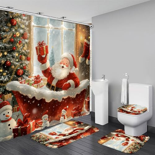AZHM 4Pcs Christmas Shower Curtain Set Funny Santa Claus Xmas Tree Snowman Bathroom Decor Sets Santa Claus with Gifts and Red Xmas Balls Bathroom Sets with Shower Curtain and Rugs with Accessories | Amazon (US)