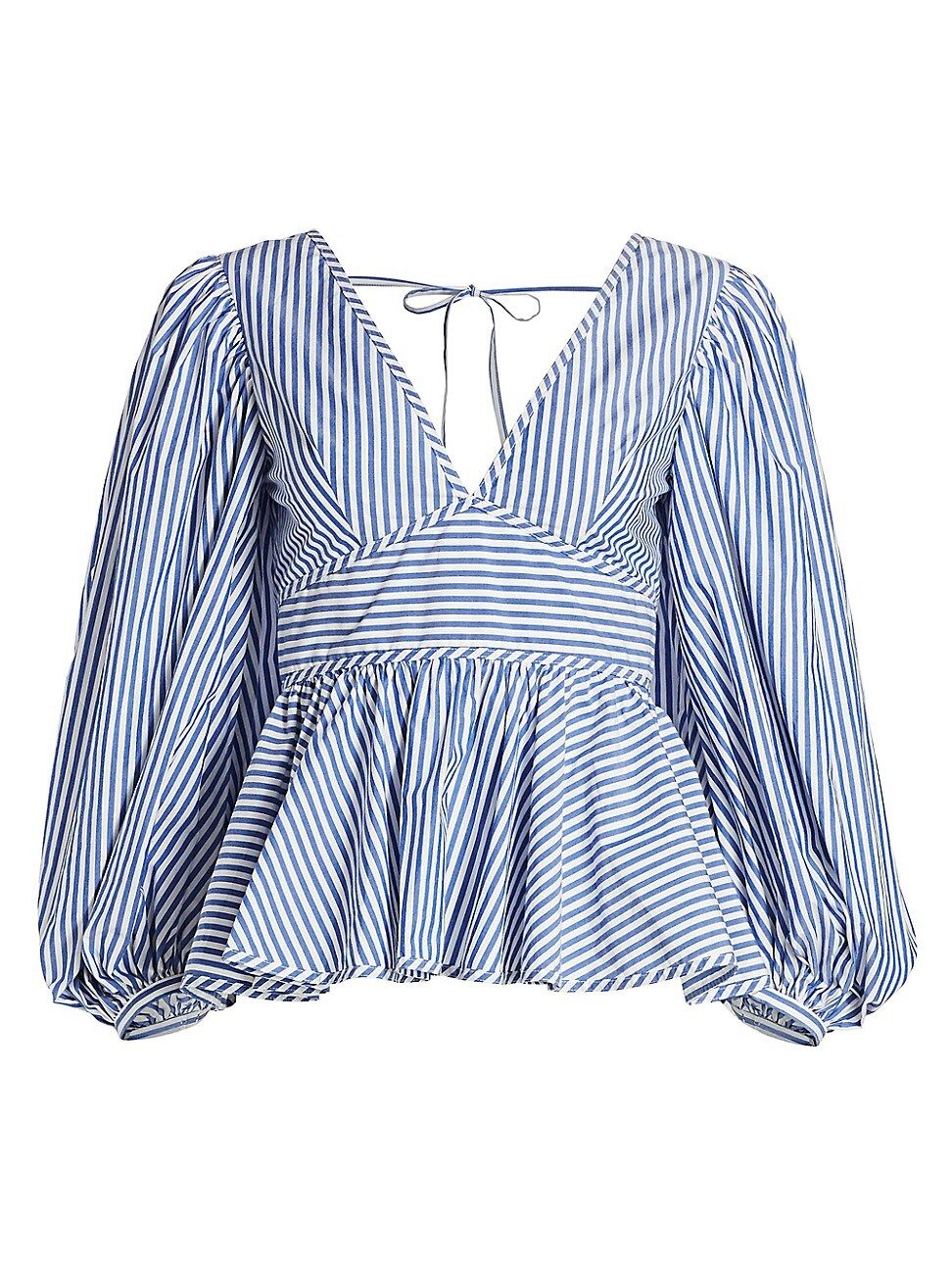 Staud Women's Luna Stripe Puff-Sleeve Peplum Blouse - Blue White - Size 12 | Saks Fifth Avenue