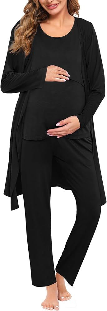 SWOMOG Maternity Nursing Robe Set 3 Piece Women Postpartum Pajamas Breastfeeding Hospital Labor D... | Amazon (US)