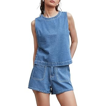 Kedera Summer Denim Set for Women 2 piece Casual Sleeveless Boxy Shirt Tops and Shorts Pants Loun... | Amazon (US)