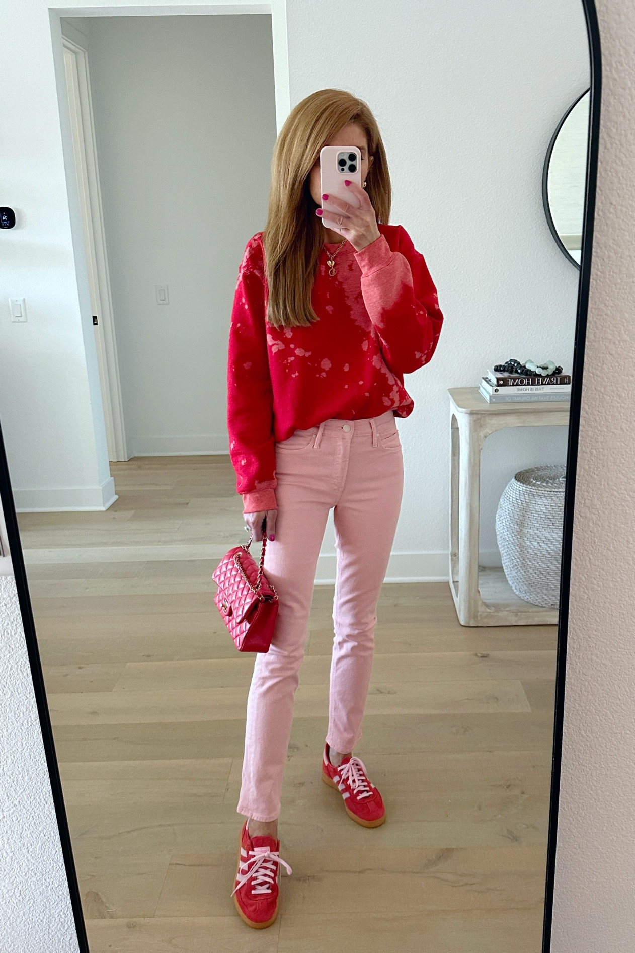 Love these straight leg pink jeans and adidas sneakers the pink & red is so fun both run true 