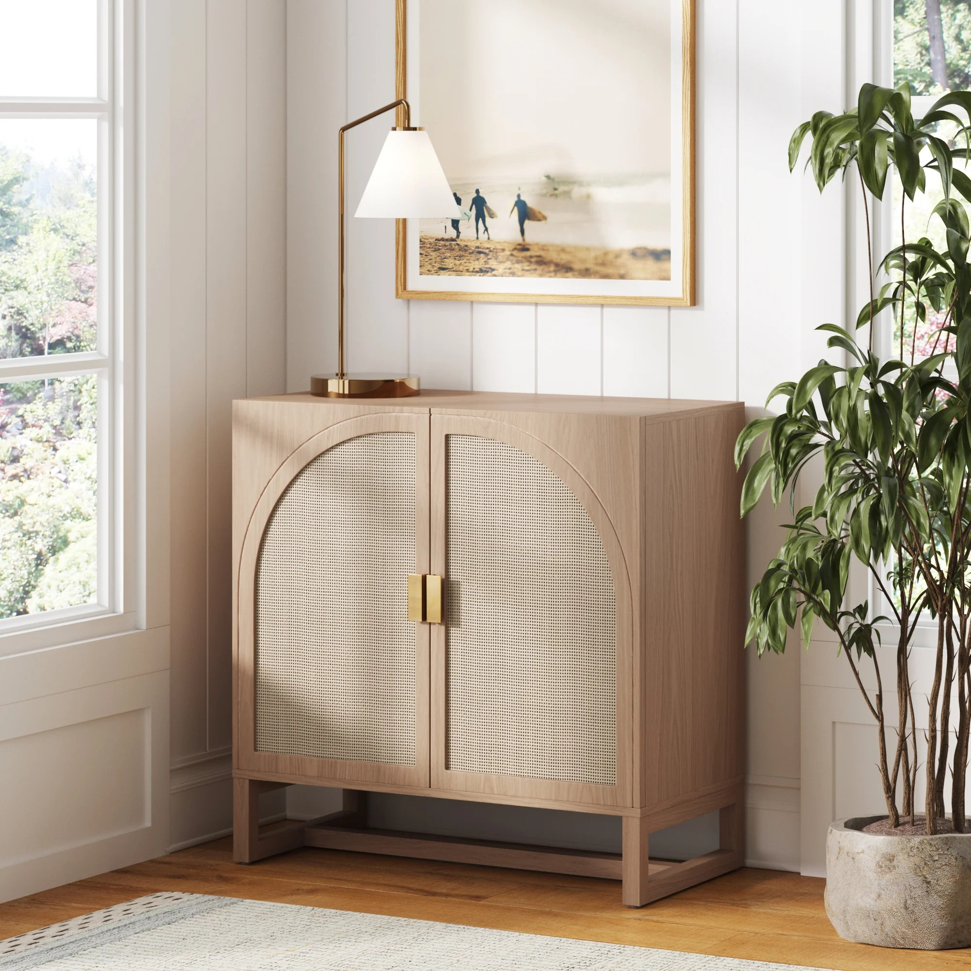 Boho Rattan Arched Door Storage Cabinet Raw Oak | Nathan James